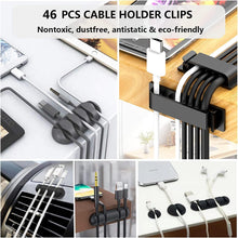 Load image into Gallery viewer, Cord Management Organizer Kit 4 Cable Sleeve Split with 41Self Adhesive Clips Holder, 10pcs and 2 Roll Self tie 100 Fastening Ties