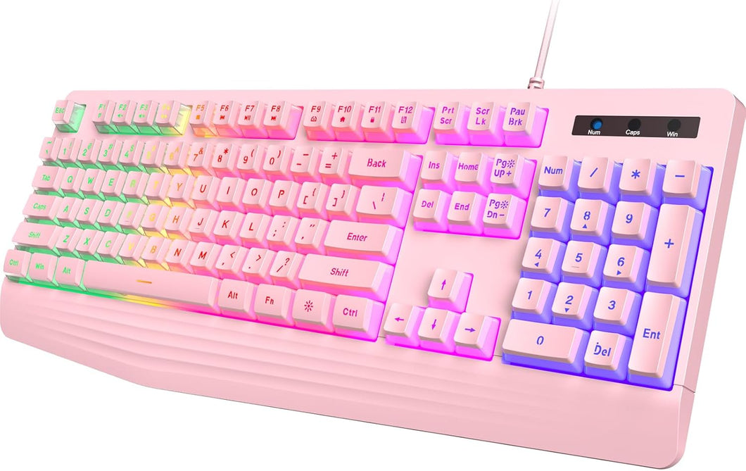 Pink-Gaming Keyboard, 7-Color Rainbow LED Backlit