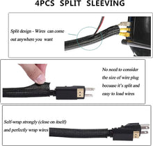 Load image into Gallery viewer, Cord Management Organizer Kit 4 Cable Sleeve Split with 41Self Adhesive Clips Holder, 10pcs and 2 Roll Self tie 100 Fastening Ties

