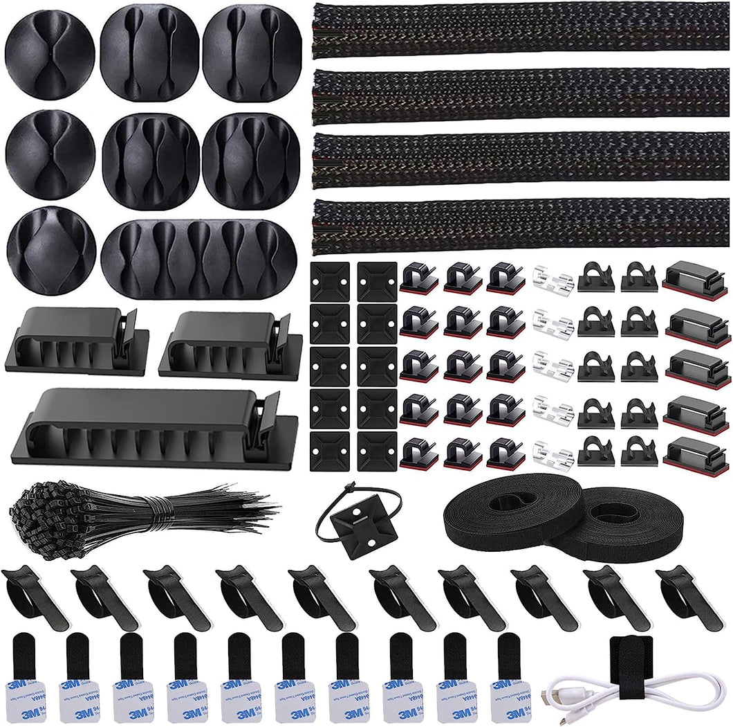 192 PCS Cable Management Kit 4 Wire Organizer Sleeve,11 Cable Holder,35Cord Clips 10+2 Roll Cable Organizer Straps and 100 Fastening Cable Ties