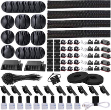 Load image into Gallery viewer, Cord Management Organizer Kit 4 Cable Sleeve Split with 41Self Adhesive Clips Holder, 10pcs and 2 Roll Self tie 100 Fastening Ties

