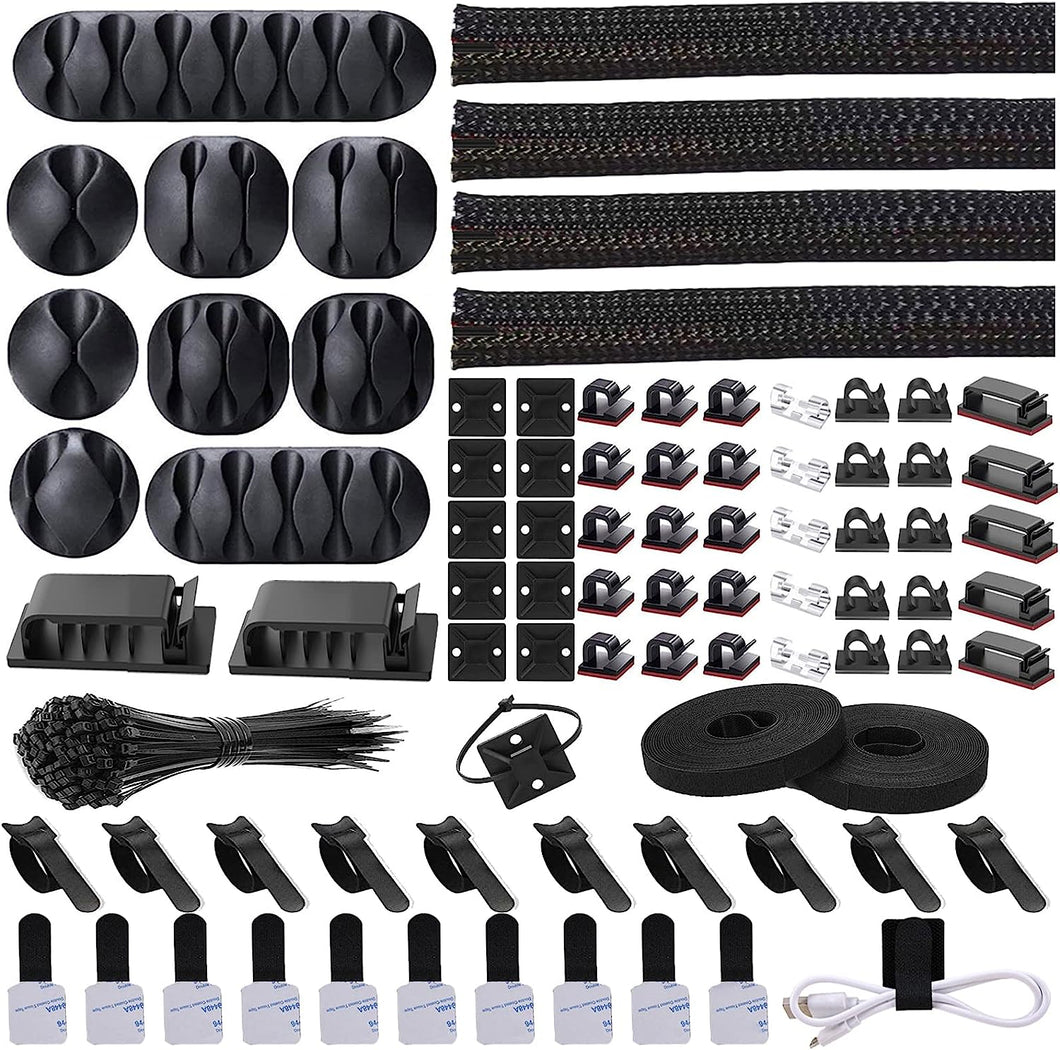 Cord Management Organizer Kit 4 Cable Sleeve Split with 41Self Adhesive Clips Holder, 10pcs and 2 Roll Self tie 100 Fastening Ties